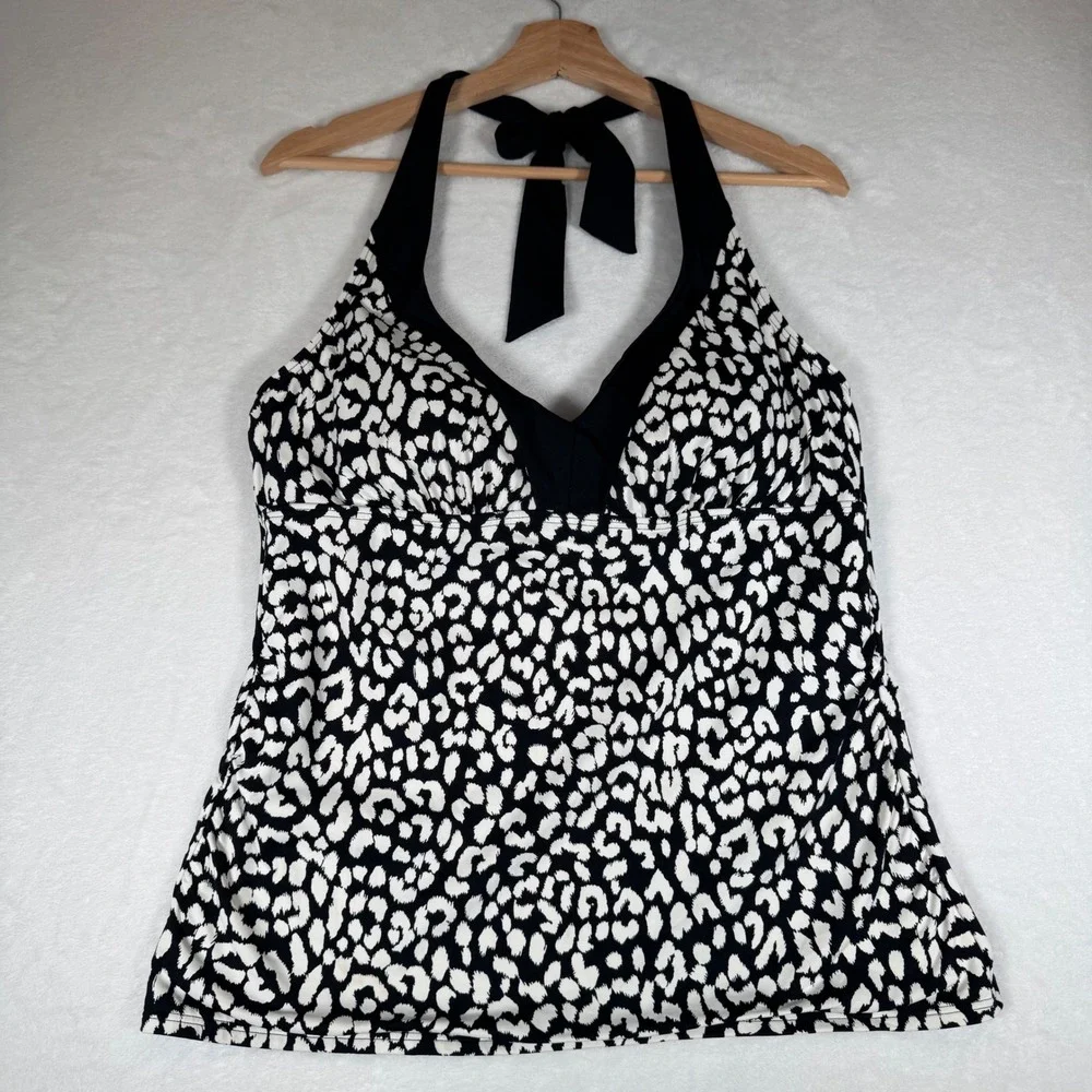 Lands End Womens Black White Leopard Print Halter Tankini Swim Top 14‎ 504501